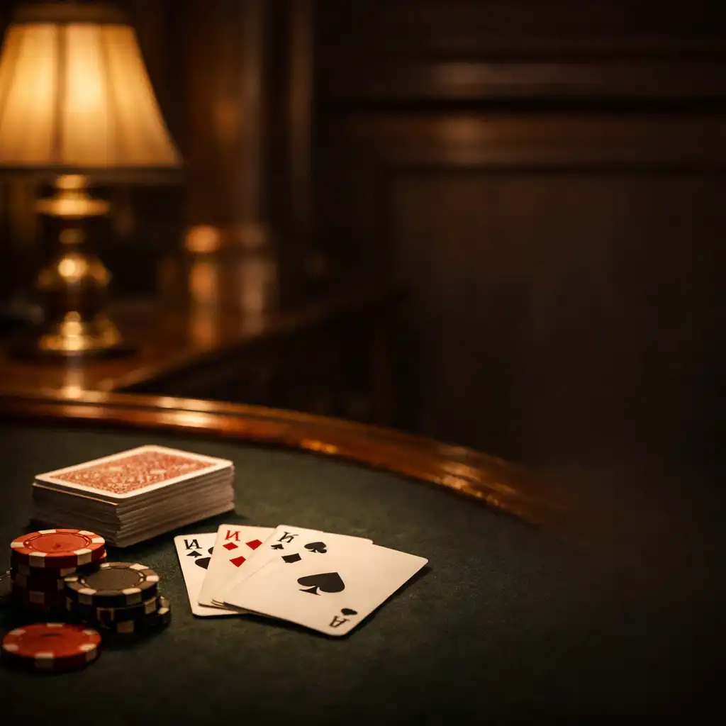 Moody photograph of a small elegant card room with a dark wood poker table, warm low lighting, and muted copper reflections