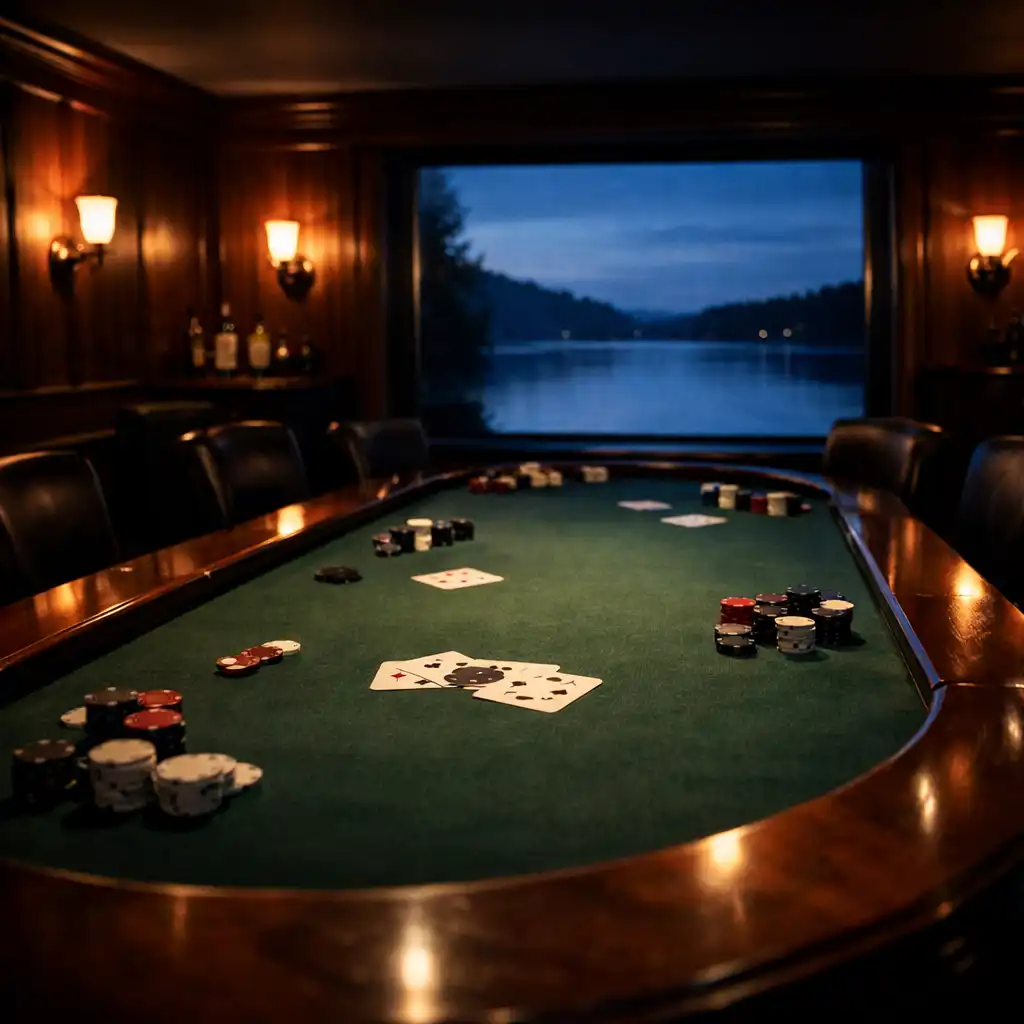 The card room at Cedarview House at dusk, with a long walnut table, warm copper light, and a view of the lake through a large window.