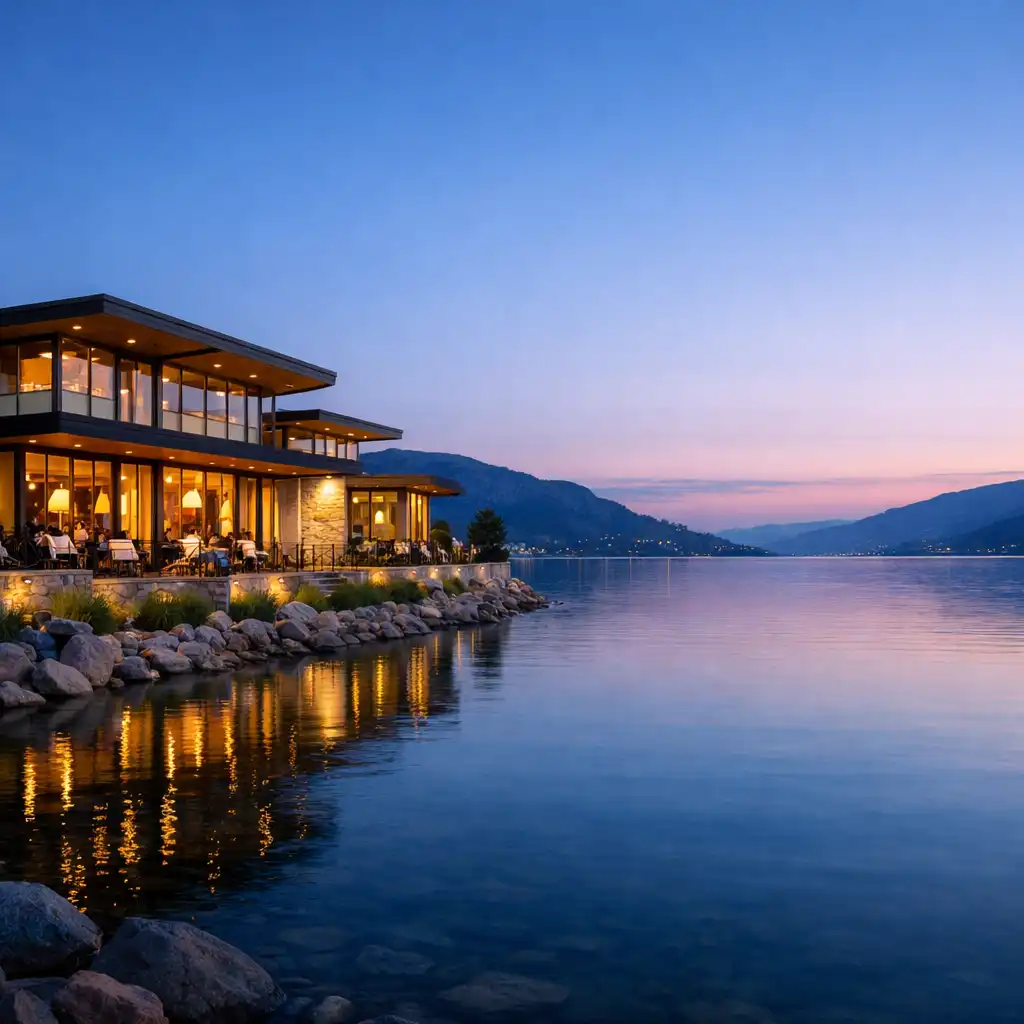 Cedarview House estate at dusk with glass walls glowing and Okanagan Lake in the background
