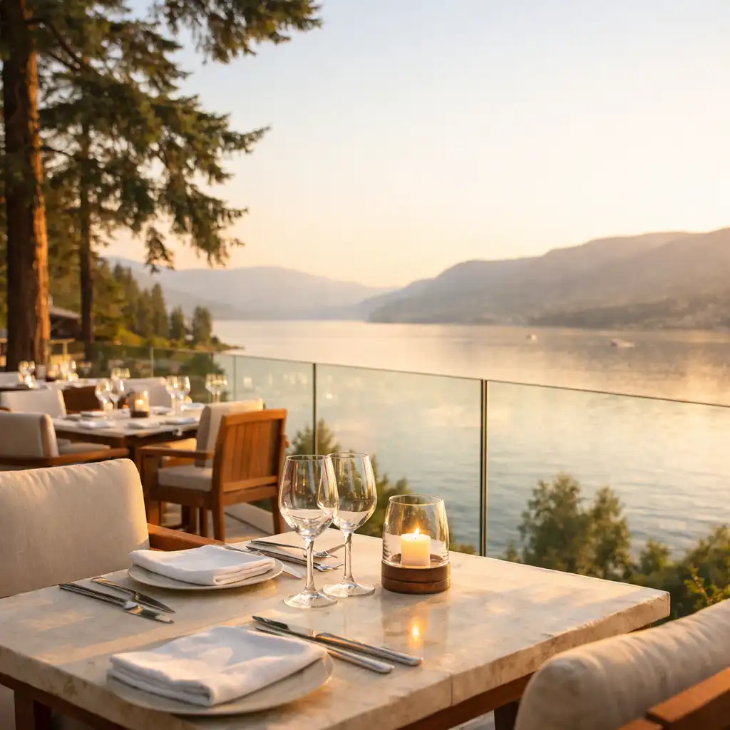 Lakeside dining terrace at golden hour with glass railings and a view of Okanagan Lake
