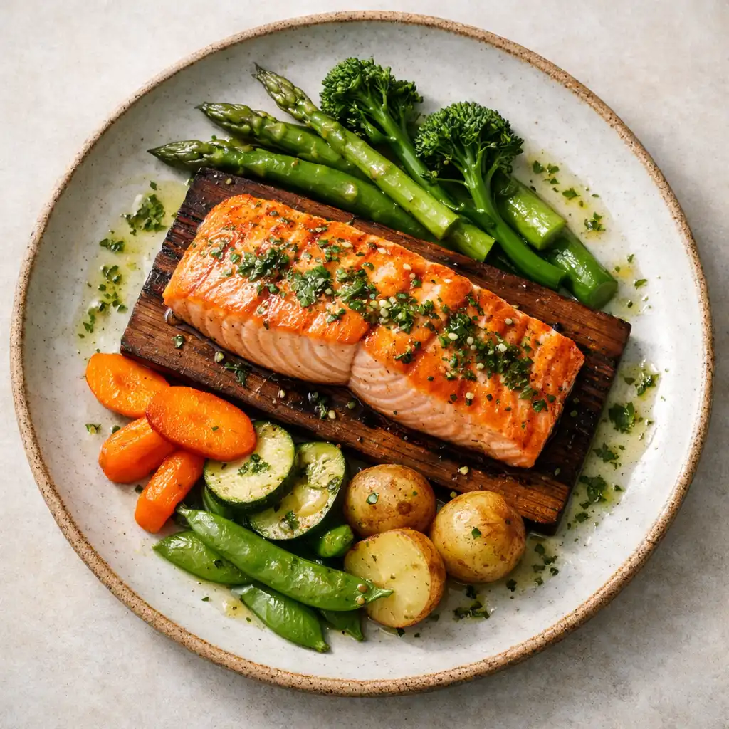 Top-down photograph of cedar-plank salmon with seasonal vegetables and a light herb sauce on a handmade ceramic plate
