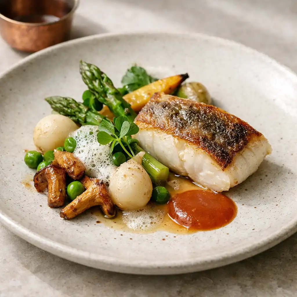 Close-up of a plated dish with seasonal vegetables and local fish on a pale stone surface, softly lit