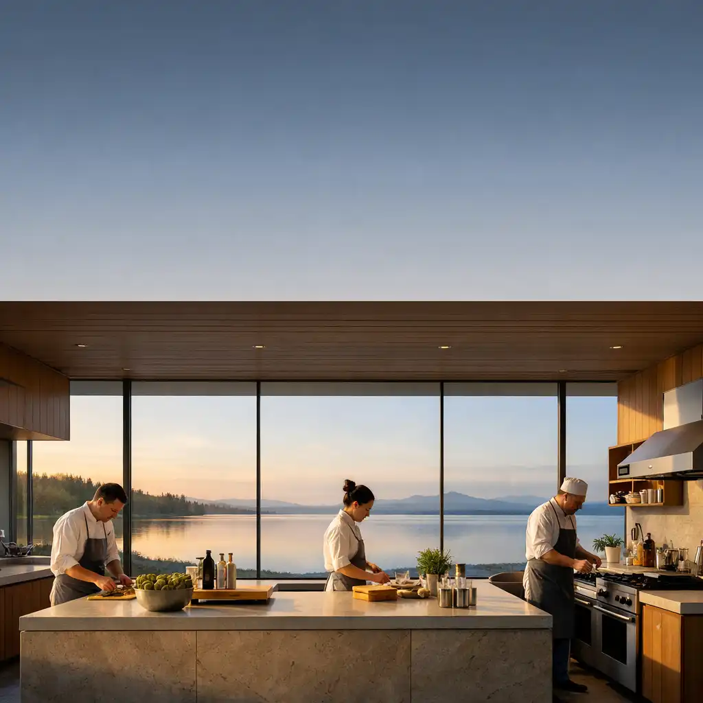 Chefs working in the contemporary Cedarview House kitchen with a view of the lake