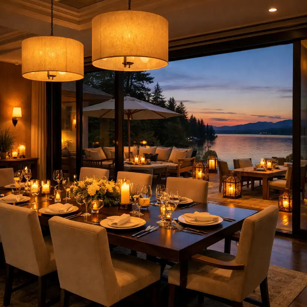 Cedarview House dining room with large glass walls opening to a terrace at dusk, set for dinner with warm lighting and a lake view