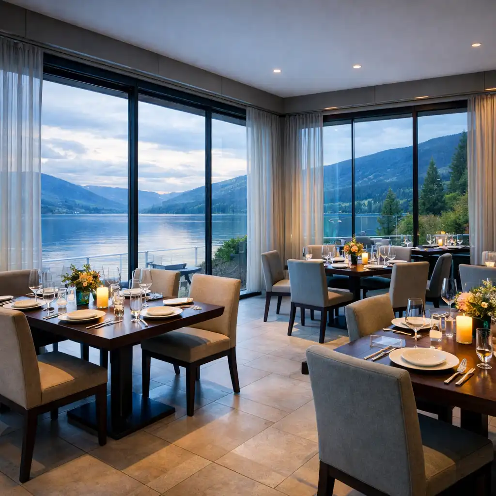 Main dining room with floor-to-ceiling glass walls facing Okanagan Lake, dark wood tables, and soft daylight