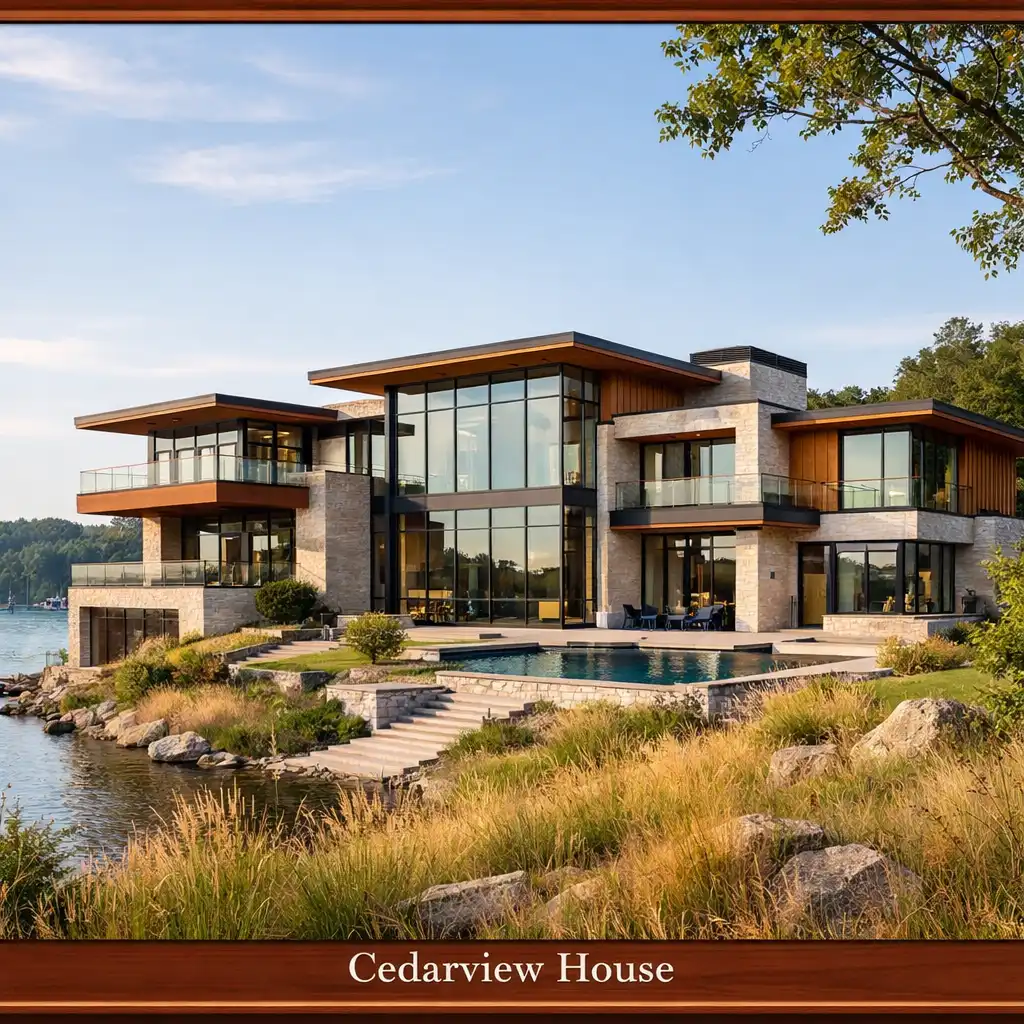 Exterior of Cedarview House with glass walls, pale stone cladding, and cedar accents on a gentle slope toward the lake