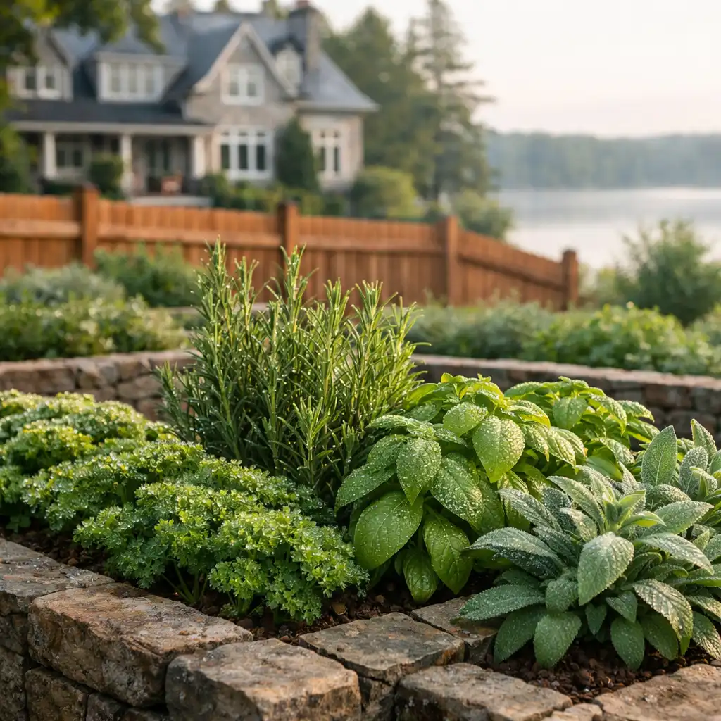 Raised stone herb beds in the estate garden with cedar fencing and Okanagan Lake in the distance
