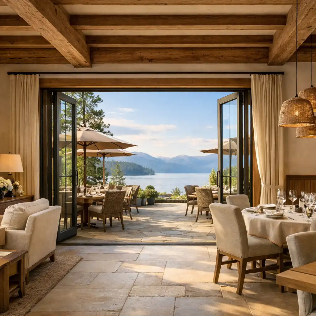 Interior of Cedarview House dining area with large glass doors opening to a terrace and lake view, featuring cedar beams and pale stone