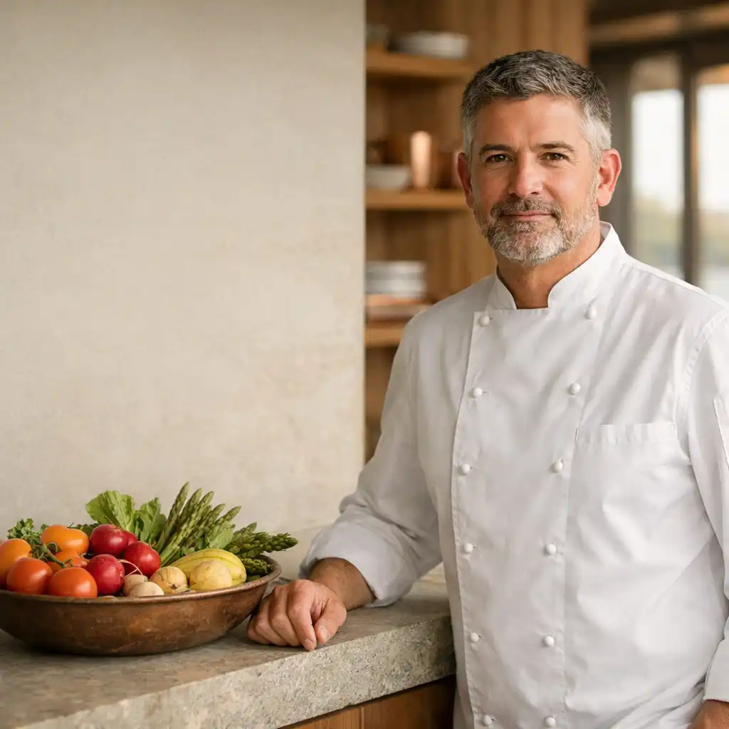 Executive Chef [Name] standing beside a stone counter with seasonal produce