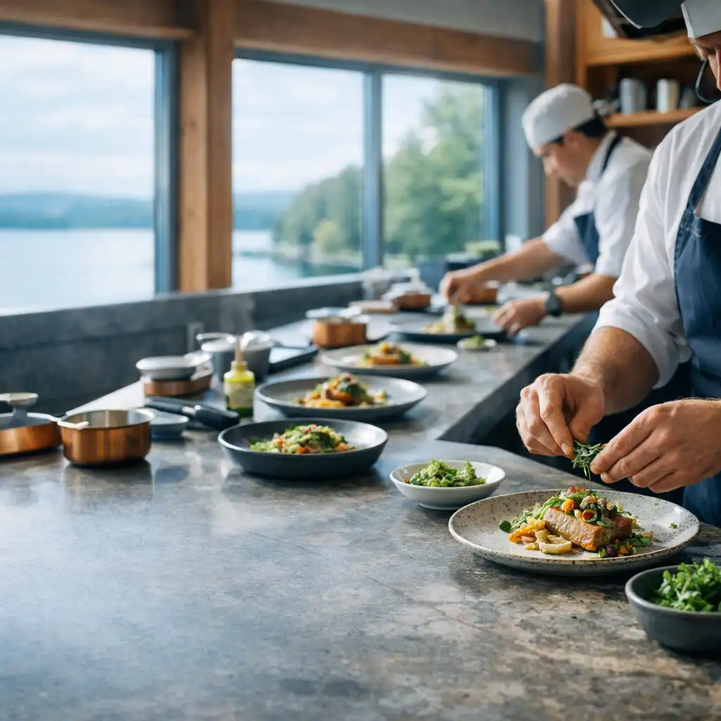 Chefs plating dishes during a quiet service at Cedarview House