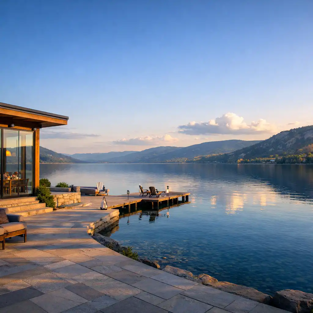 Panoramic view of the glass-walled dining pavilion at Cedarview House opening onto the calm waters of Okanagan Lake at golden hour