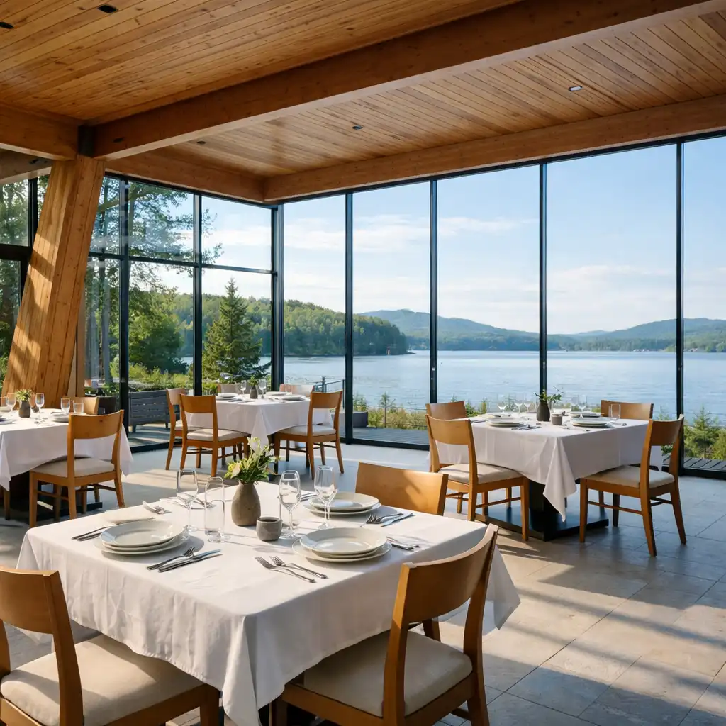 Interior of the main dining room with floor-to-ceiling glass walls overlooking Okanagan Lake and distant hills