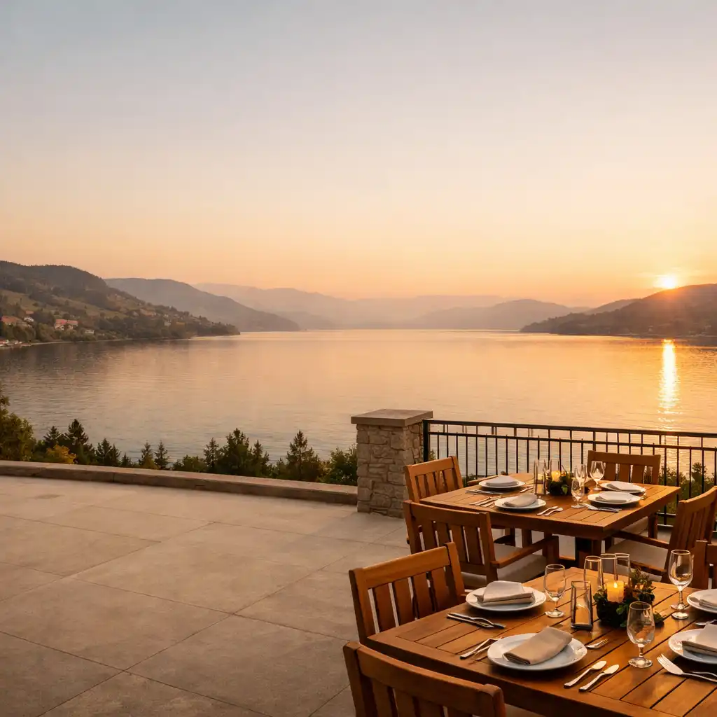 Panoramic view from the Cedarview House terrace toward Okanagan Lake at golden hour with cedar tables set for dining