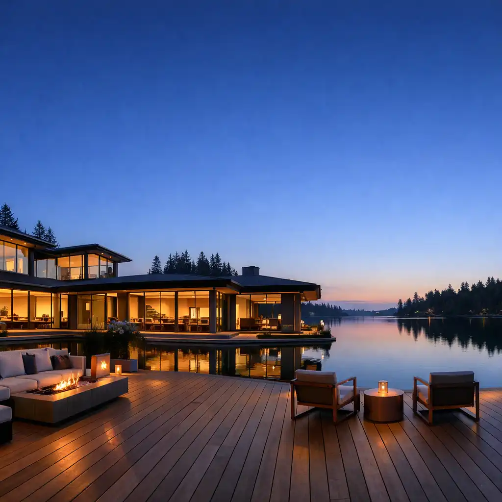 Lakeside estate at dusk with warm glass walls and a calm lake reflecting the sky