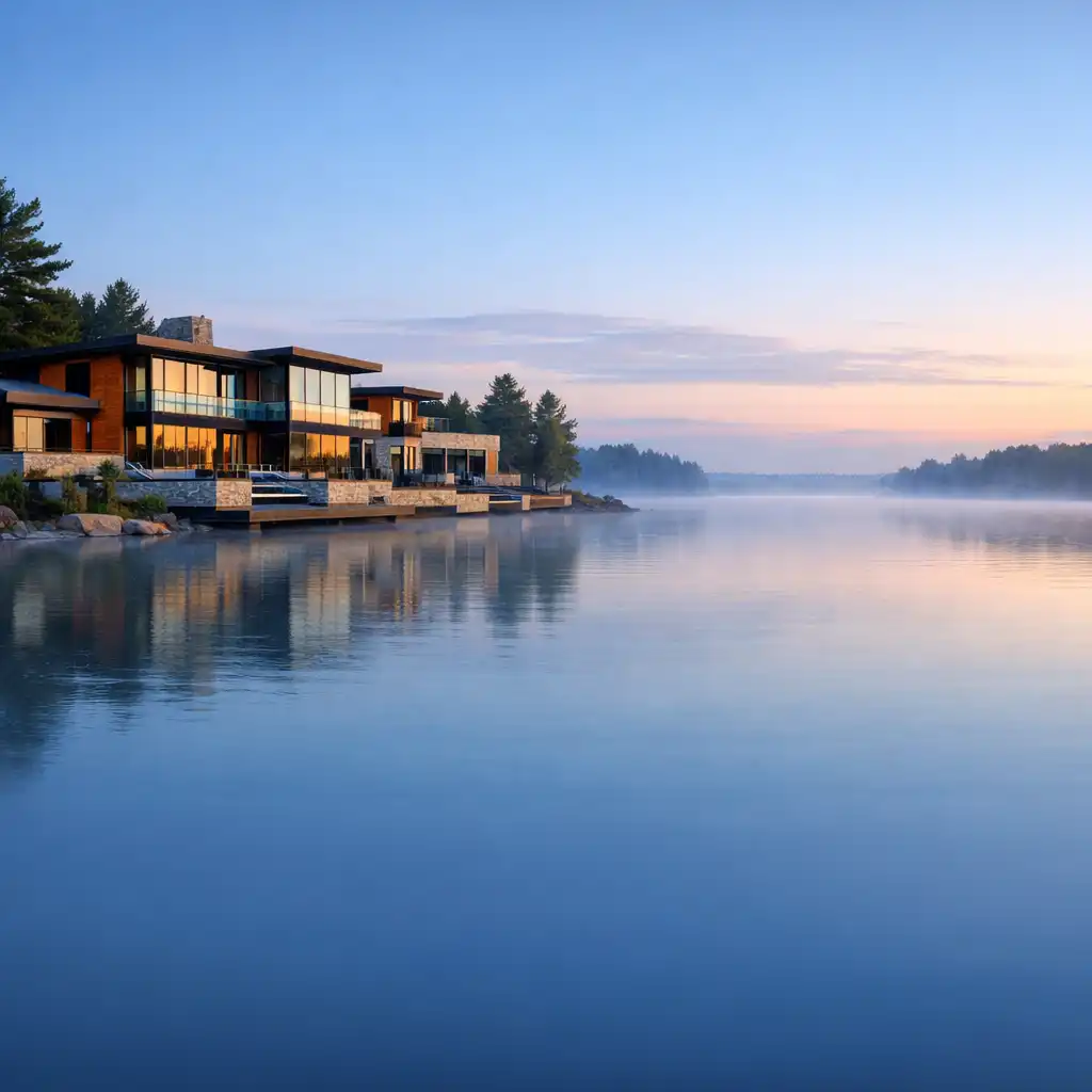 Panoramic view of Cedarview House, a contemporary lakeside estate with glass walls, cedar siding, and a calm lake horizon at soft daylight