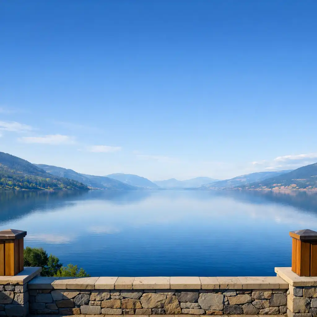 Panoramic view of Okanagan Lake from the Cedarview House terrace at soft morning light