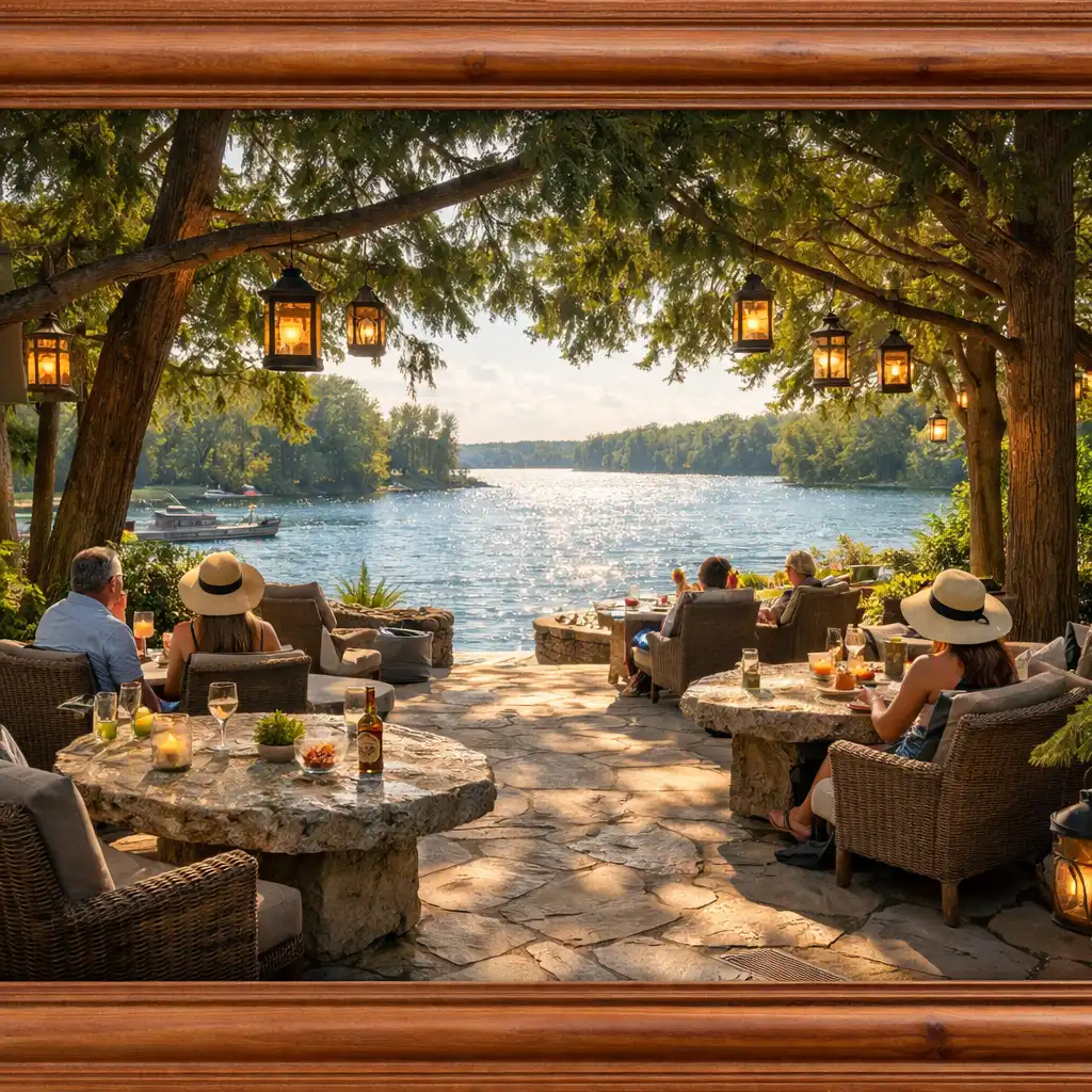 Lakeside terrace shaded by mature cedars with natural stone tables facing Okanagan Lake on a warm summer afternoon