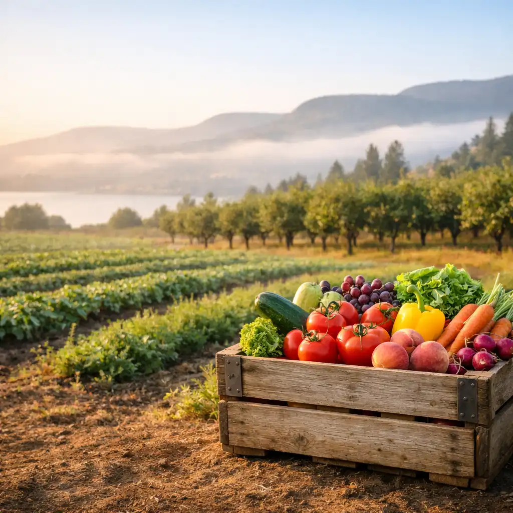 Sunlit Okanagan farm field with rows of vegetables and a crate of fresh produce in the foreground