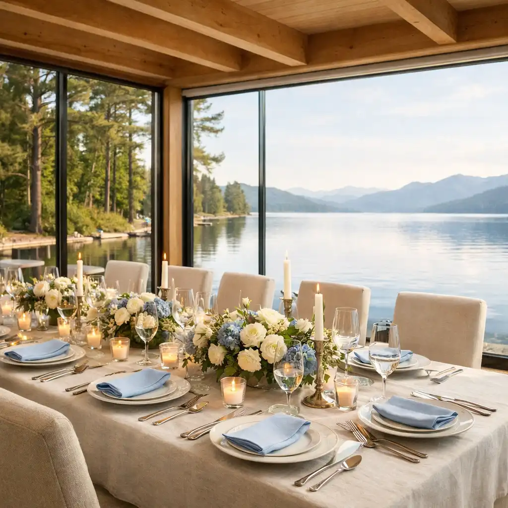 Elegant dining room set for a private event with floor-to-ceiling glass walls overlooking the lake