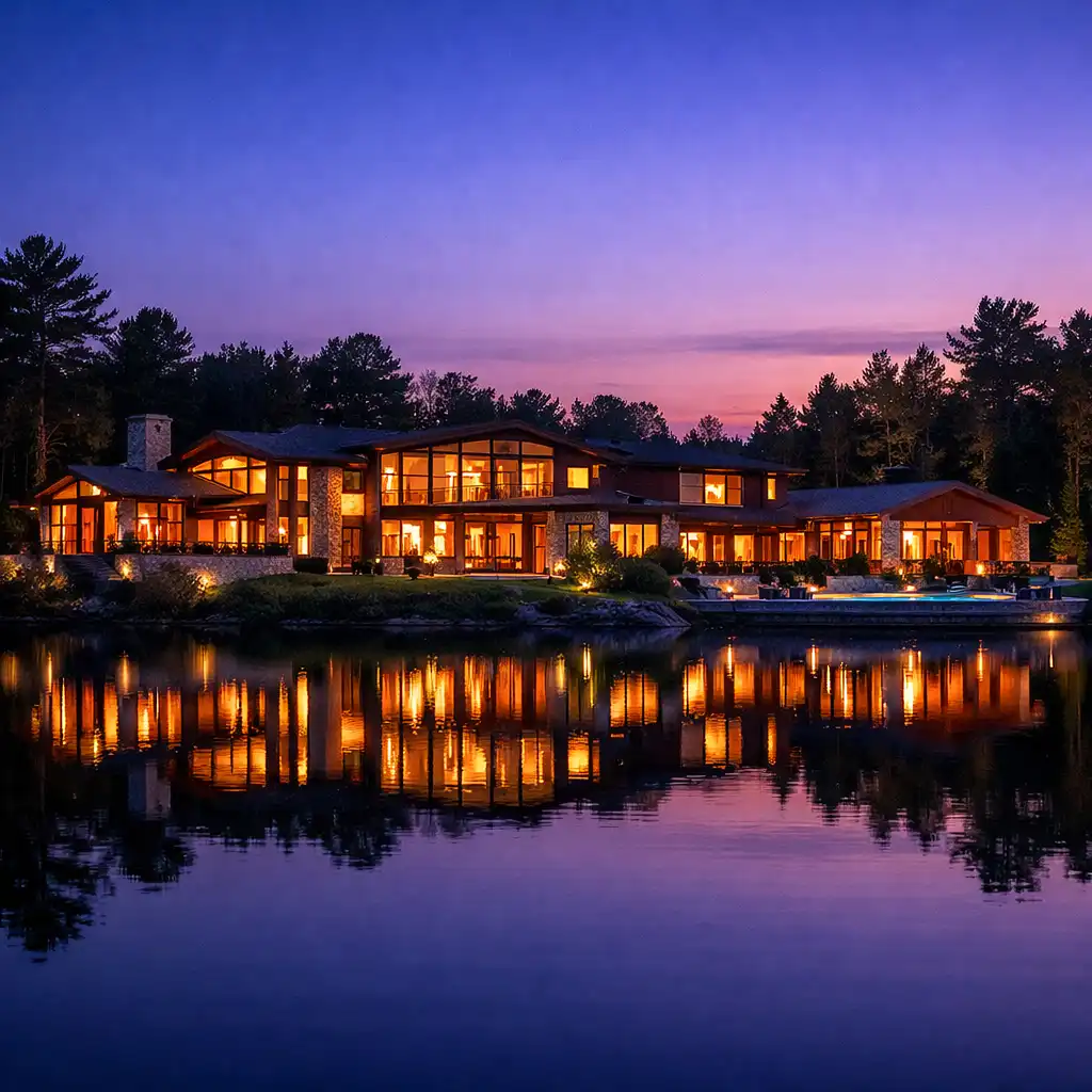 Dusk view of the Cedarview House estate with warm lights glowing from the glass walls and the lake reflecting the twilight sky