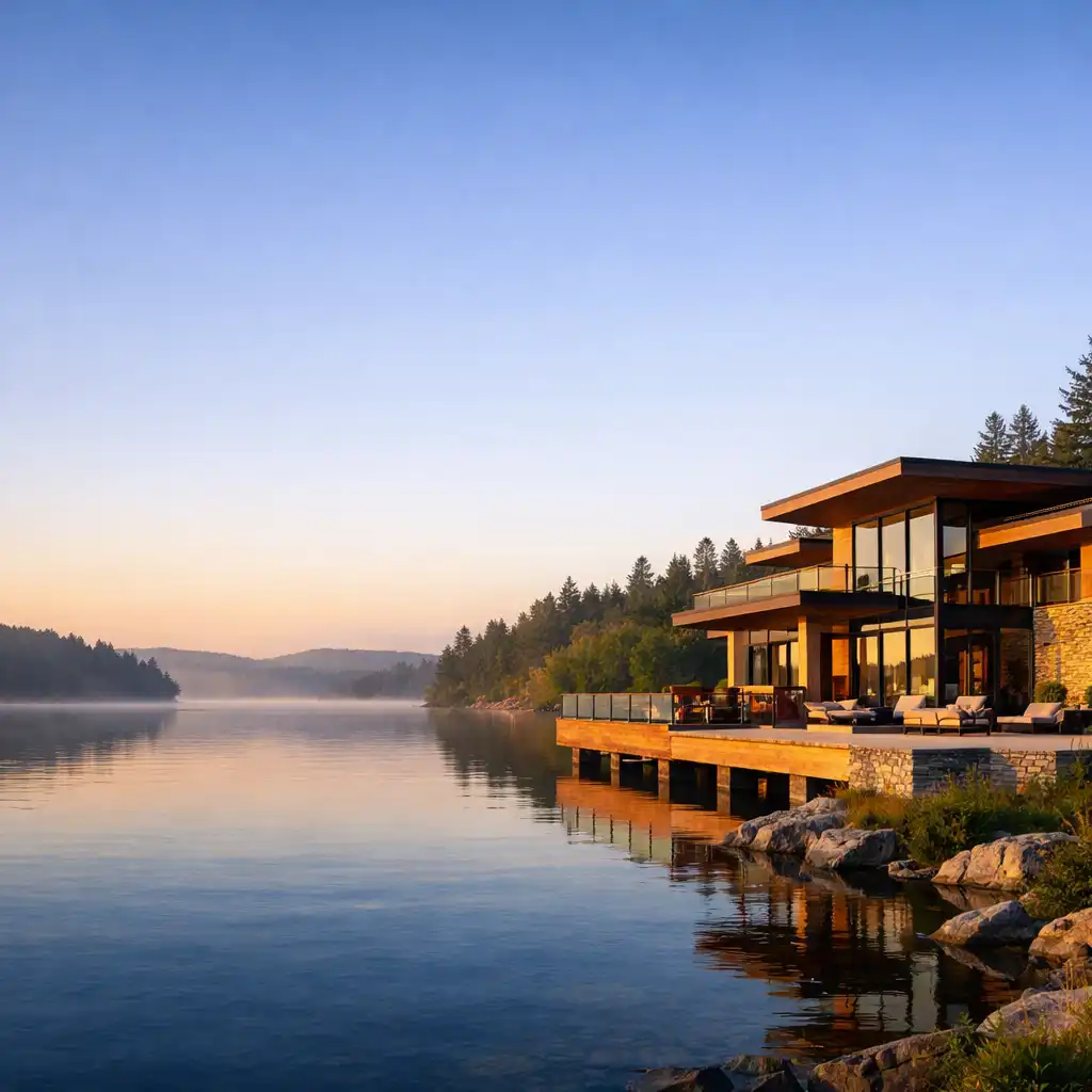 Panoramic view of the Cedarview House estate at golden hour with the lake stretching beside the terrace