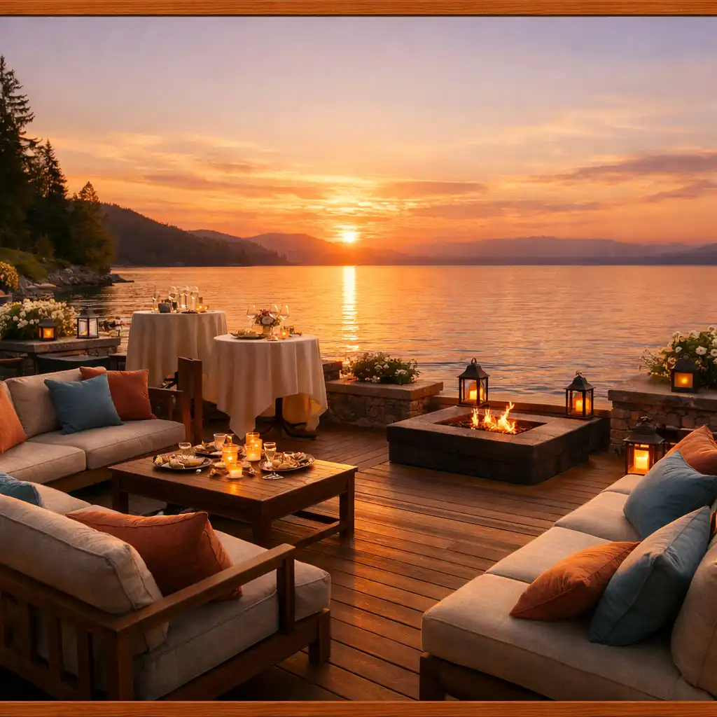 Lakeside terrace at sunset set for an outdoor cocktail reception with cedar decking and low lounge seating