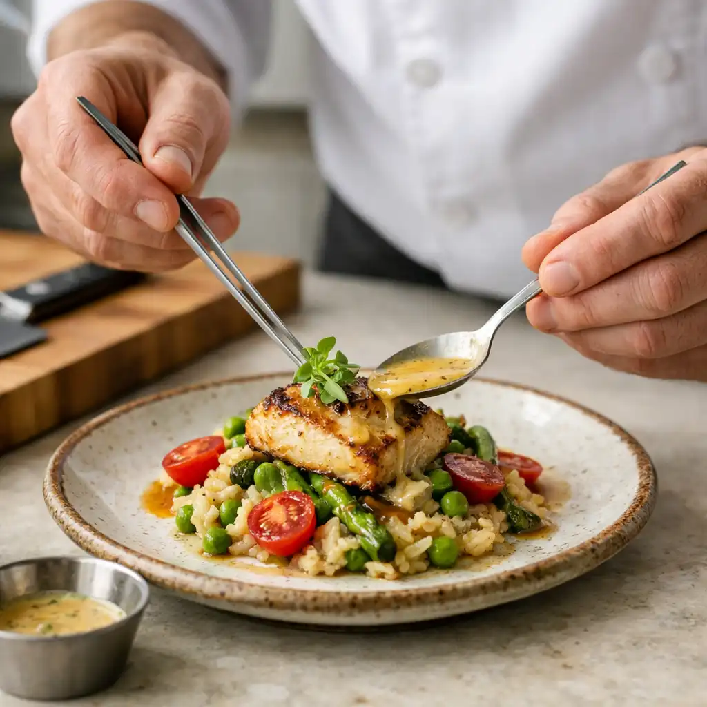 Chef&rsquo;s hands plating a dish in a bright kitchen with a cedar cutting board and pale stone counter